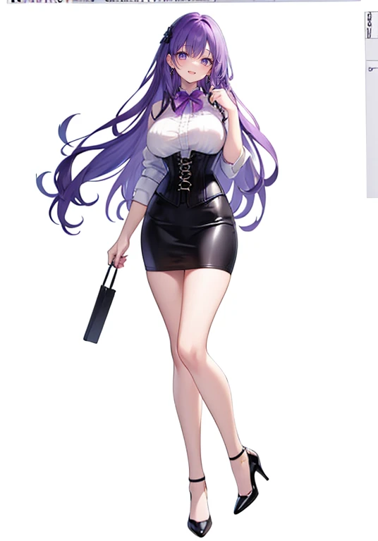 Purple hair,voluminous long hair,Adult female,((Roll up your sleeves)),(Corset),(Tight skirt),(high heels),((Simple White background)),Smile,((Full body)),((whole body))
