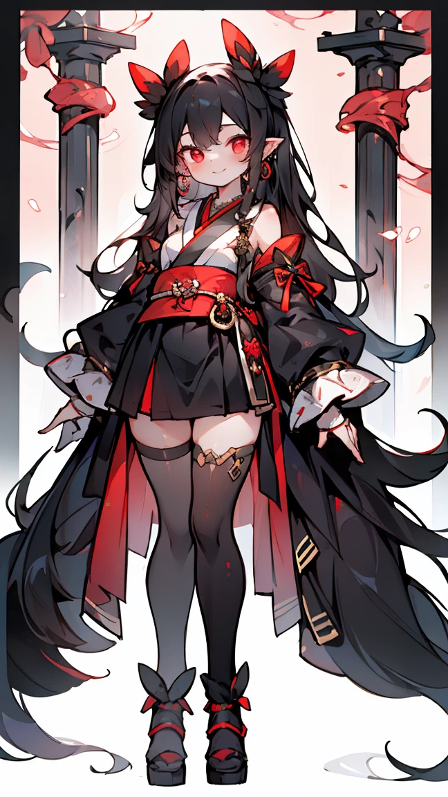 [(Detailed Background:1.4)::5],original,(figure:1.1),(Highest quality),(Tabletop:1.1),(Highly detailed CG 8K wallpaper:1.1), (colorful:0.9),(Mid Shot:0.95),(very detailed beautiful whole body),Ear covering accessories、Standing in the Wilderness, (girl),(((Adult))), (Beautiful eyes in every detail:1.15), (Beautiful Face:1.15), (Glowing red eyes:1.25////),(Black Hair),Pale skin，Pink Eyes，Red Bow，Amaryllis，((Wicked Smile))，Crystal Earrings，raven feather skirt,whole body,Wearing shrine maiden clothes and knee socks,((Long black hair)),Long black hair,
