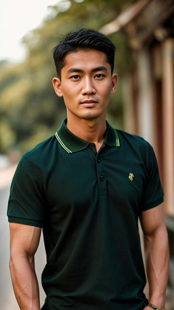 Thai man ,man，He is about 30 years old..，Rough and handsome appearance，large breastsj，Big waistline，buzz cut, angry, sullen, best quality, Masterpiece，（Have muscles：4.5），(best quality,high resolution,Masterpiece:1.2),The eyes are natural and delicate..,1 person,alone,gay asian,muscle,Long legs,brave,short hair details,conjunctivitis ,strong,brown eyes, (outdoor background road :1.5)，in the market，sit (dark green polo shirt:1.3),Jeans