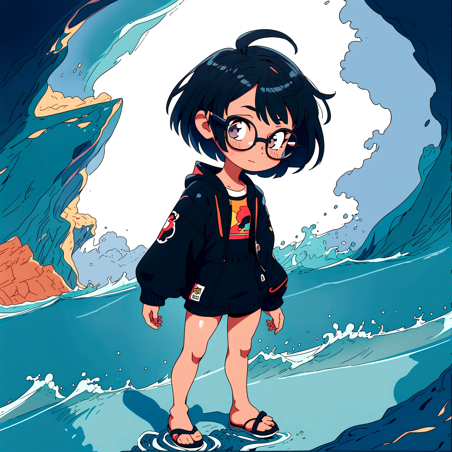 1 cute girl, cute, wearing glasses, without underwear, black eyes, fullbody, bob-cut, swimwear, 8K
