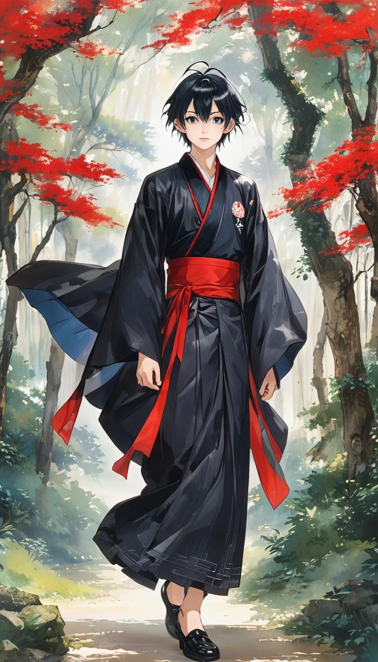 (masterpiece:1.2) (best quality) (detailed),1boy,solo,otoko no ko,, rimuru tempest, lrd1, outside, forest fashi-g,red lip,
