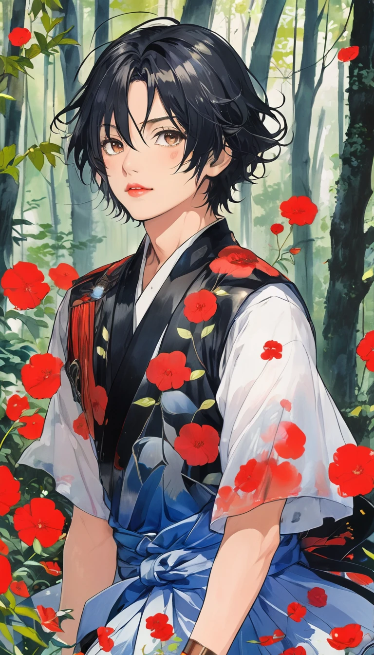 (masterpiece:1.2) (best quality) (detailed),1boy,solo,otoko no ko,, rimuru tempest, lrd1, outside, forest fashi-g,red lip,