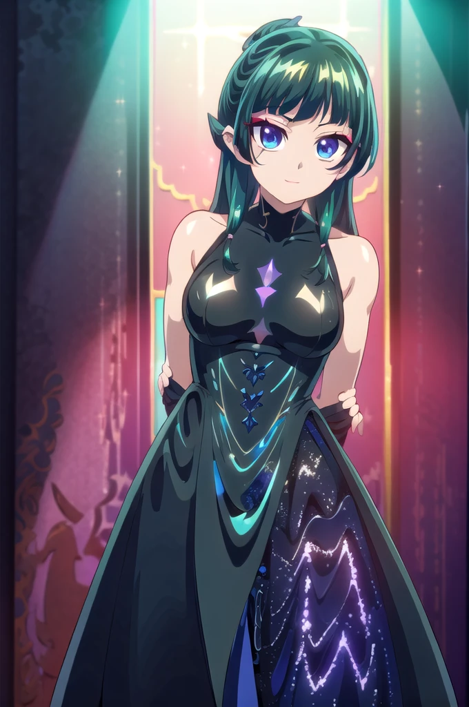 1girl,solo,(cowboy shot),standing,(green hair:1.2),long hair,pig tail,(blue eyes:1.2),(makeup:1.5),(beautiful fingers:1.6),(perfect anatomy:1.6),(arms_behind_back:1.6),BREAK,(black evening dress:1.5),(shiny_clothes:1.6),(medium breasts:1.4),beautiful breasts,masterpiece,best quality,(Ultra high definition eyes:1.2),8k,(Beautiful detailed eyes:1.2),(Fine and beautiful eyes:1.2),(pretty eyes:1.2),finely detail,extremely CG, absurdres,high resolution,illustration,Detailed and beautiful outlines,finely detail,high resolution,(colorful refraction:1.4,Increase saturation:1.2),beautiful lighting,dynamic lighting,closed room,black background,simple background, smile,looking at viewer,maomao,open clothes
