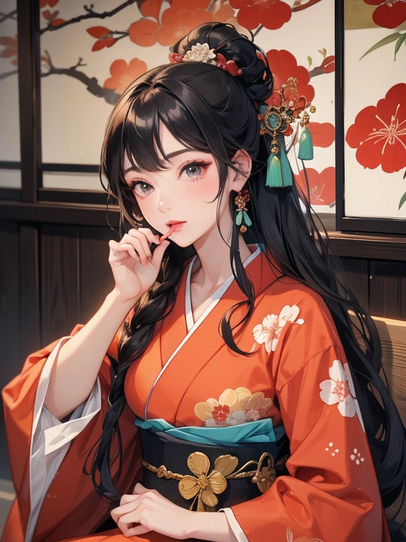 (Highest quality、masterpiece、High resolution、8K)、Ukiyo-e、Utamaro、Vibrant colors、A town girl from the Edo period、whole body、Utamaroの絵のモデル,Her hair is black and beautifully tied in a round topknot.、Decoration、The kimono is a Japanese style outfit with a colorful floral pattern.、Sitting upright 、Applying lipstick to one&#39;s lips、lips ajar、Official Art、Japanese-style room、It is a tatami room.There is a candle light placed、