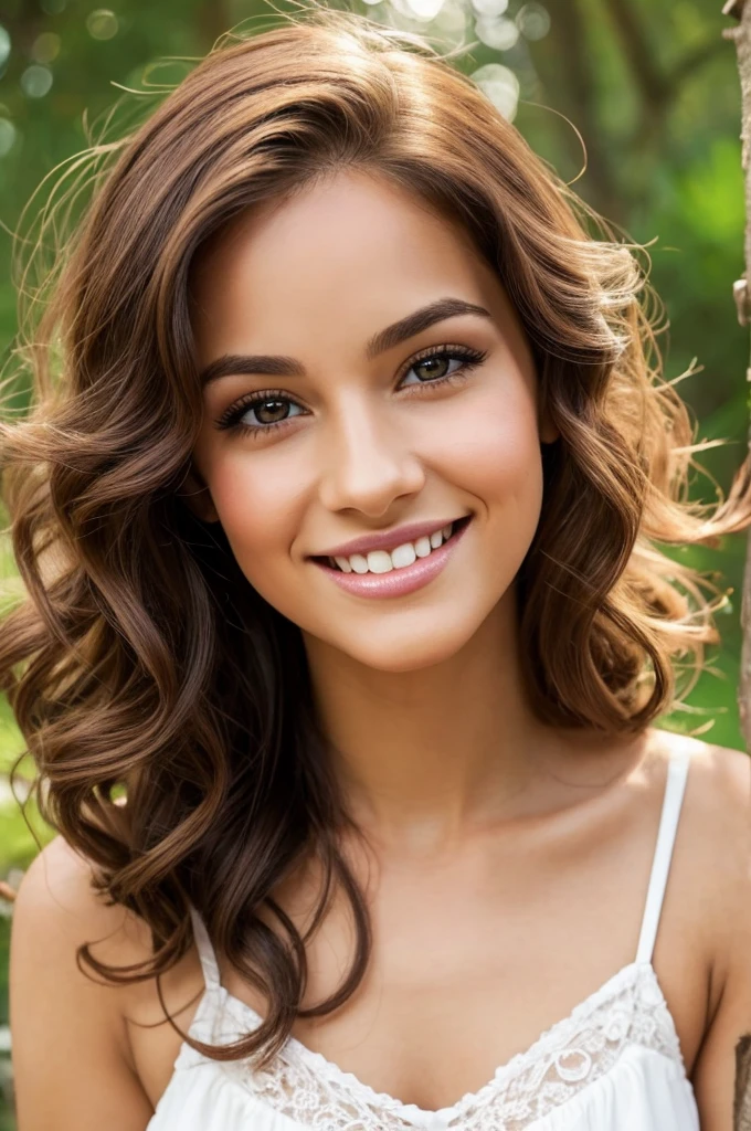 beautiful young woman, average quality Twenty-seven-year-old woman. Short stature and thin body, with curves in the right places. wide, color chocolate, curly. heart shaped face, pretty little nose, big hazel eyes, and long, bushy eyelashes. big smile. Has slightly separated incisor teeth, but that only increases the attractiveness of his kissable lips.