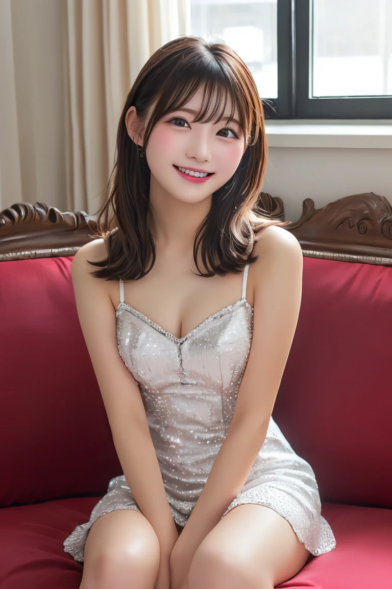 Highest quality, (beautiful)、Cabaret Club、Mini Dress、Sit on the sofa、Close-up、Soft 、Shoot from below、Spread your legs、smile、Touching the chest