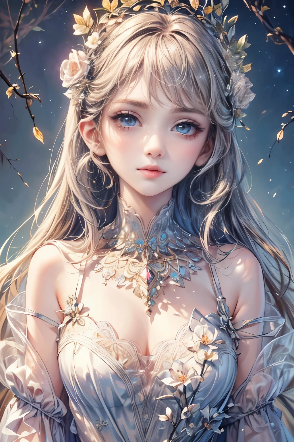 (best quality,8k,cg,beautiful detailed bust,solitude,thumb girl,sheer court gown,floral background,intricate facial features,flowing long hair,almond eyes,elaborate eye makeup,long fluttering eyelashes,blinking big eyes,starry sky,delicate lip details,soft style)