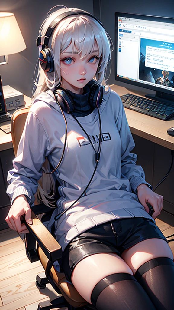 Realistic, ultra HD, playing mobile legend games on the computer, male, wearing a sweater with MFS written on it, wearing headphones, accompanied by a beautiful woman