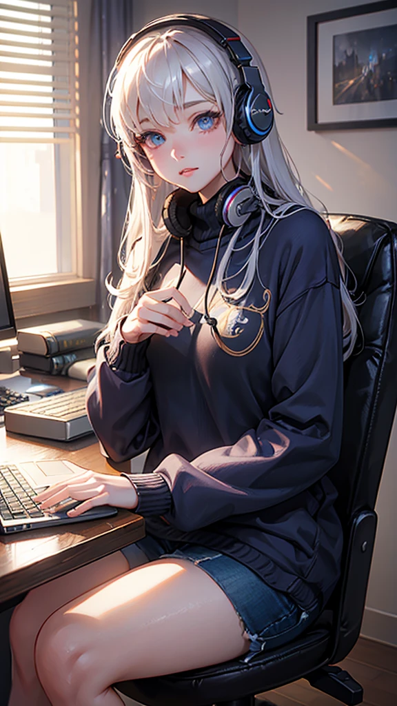 Realistic, ultra HD, playing mobile legend games on the computer, male, wearing a sweater with MFS written on it, wearing headphones, accompanied by a beautiful woman