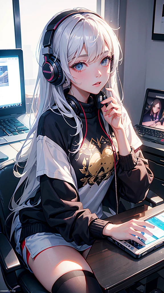 Realistic, ultra HD, playing mobile legend games on the computer, male, wearing a sweater with MFS written on it, wearing headphones, accompanied by a beautiful woman