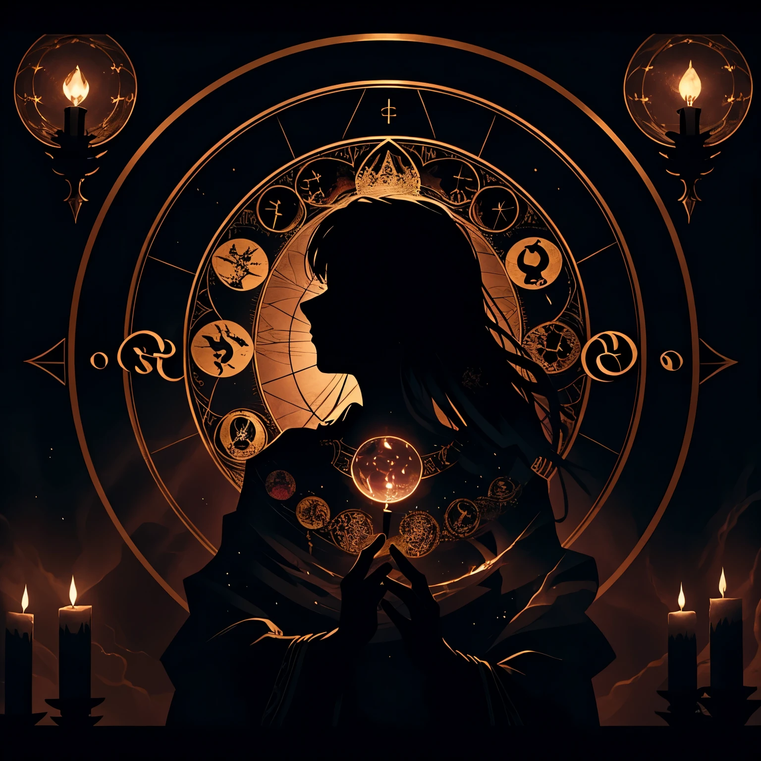 a female astrologist divining in an occult divination chamber, horoscope floating in the room, (silhouette art), cinematic lighting, highly detailed, 8K, photorealistic, dramatic lighting, moody atmosphere, rich colors, mystical, occult, esoteric, elegant, intricate details, magical, dark fantasy, mysticism, spirituality, fortune telling, divination, astrology, crystal ball, tarot cards, incense, candles, dark interior, ornate decor, dramatic shadows