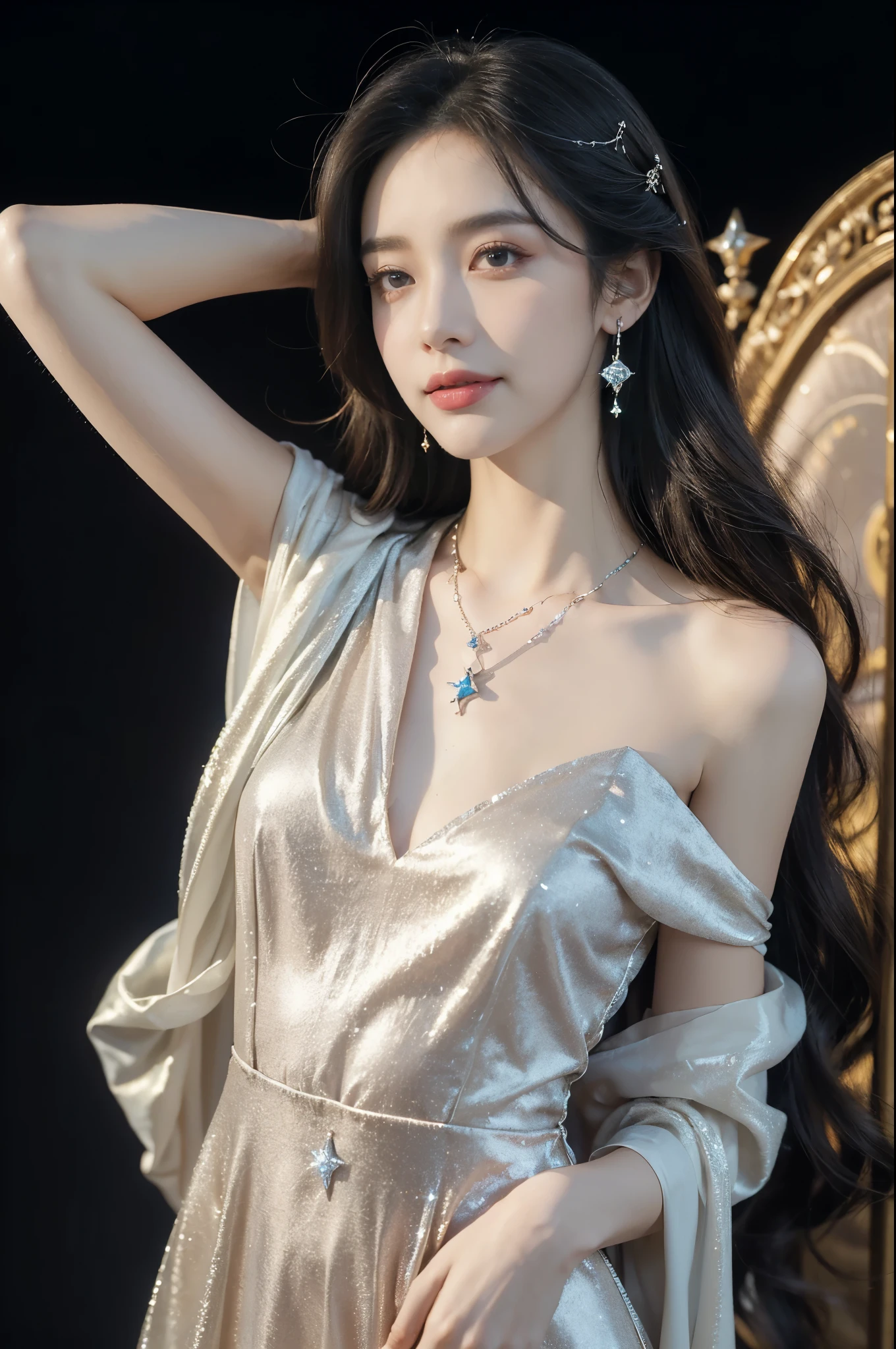 (((best quality))),(((ultra detailed))),(((masterpiece))),illustration,((A beautiful female astrologer,solo)),((slim,thin)),((small breasts,flat chest)),((shoulder length straight bob hair)),(laughing:1.2),(earrings,necklace),(sparkled sheer shirt-dress:1.3),standing beneath a magical summer night, stars twinkling in the velvety darkness,starry sky, sapphire eyes filled with wonder, flowing ethereal gown mimicking the stars, silver pendant shaped like a horoscope,serene smile and captivating gaze, celestial beauty and mystery, solace and inspiration in the vast expanse of the universe,((from front,upper body))