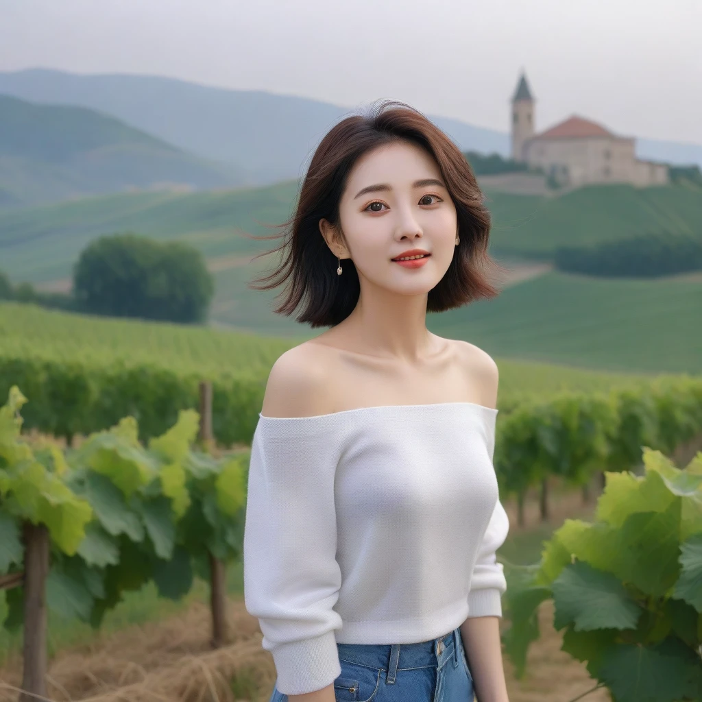 k Best picture quality, Beautiful 36-year-old Korean woman, You have good skin and big and pretty eyes... clear and nice weather. Chest size 34 inches, italian countryside, past the vineyard, A cathedral can be seen in the fog in the distance.., The back background is realistic and vivid quality., Short and medium hair blowing in the wind, Wearing a white shirt under a knit that covers your luxurious chest. casual pants, laugh. the background is clear, Short and slim Korean woman, stand far away, Photo taken with a wide-angle lens, One woman with big and pretty eyes, eyes are round and big