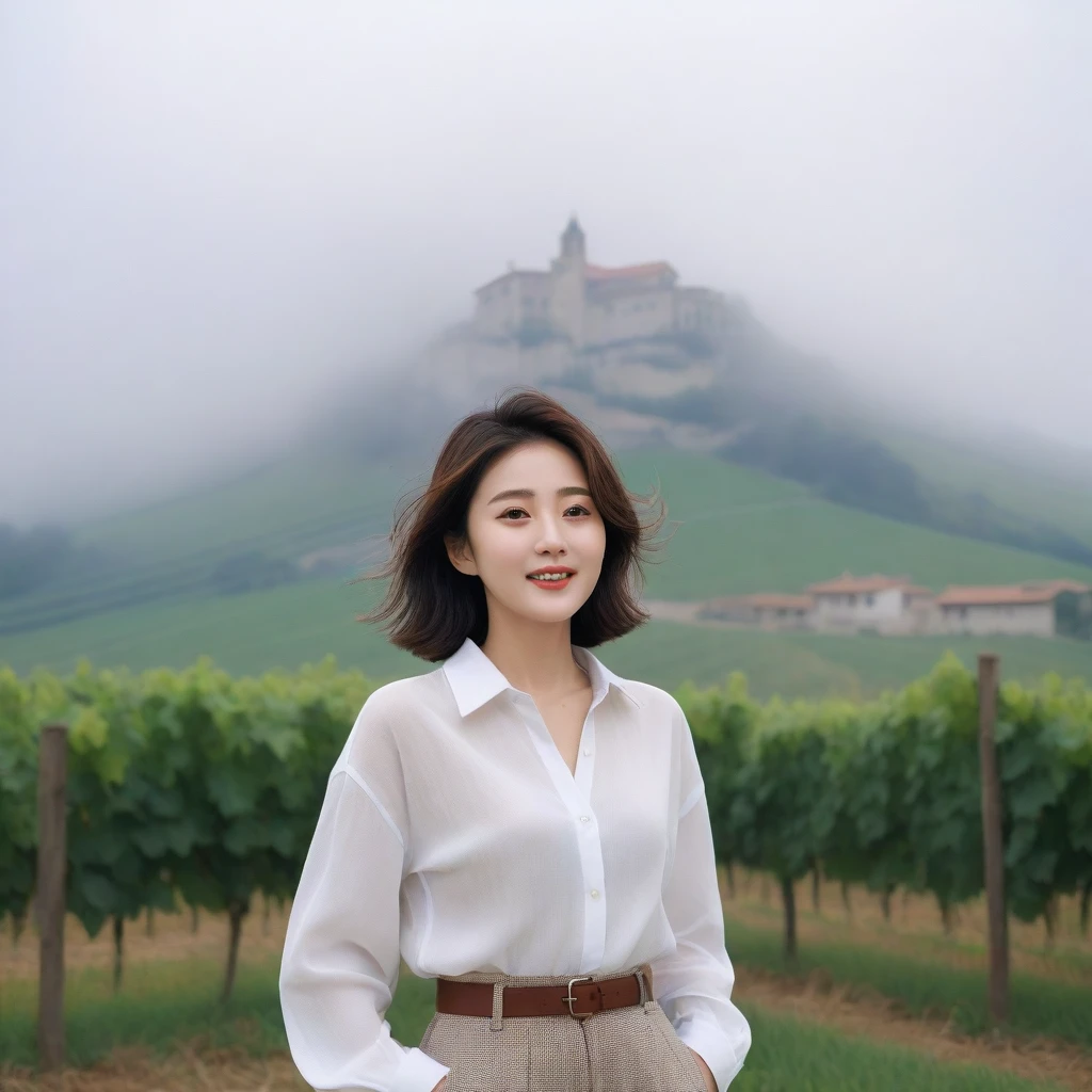 k Best picture quality, Beautiful 36-year-old Korean woman, You have good skin and big and pretty eyes... clear and nice weather. Chest size 34 inches, italian countryside, past the vineyard, A cathedral can be seen in the fog in the distance.., The back background is realistic and vivid quality., Short and medium hair blowing in the wind, Wearing a white shirt under a knit that covers your luxurious chest. casual pants, laugh. the background is clear, Short and slim Korean woman, stand far away, Photo taken with a wide-angle lens, One woman with big and pretty eyes, eyes are round and big