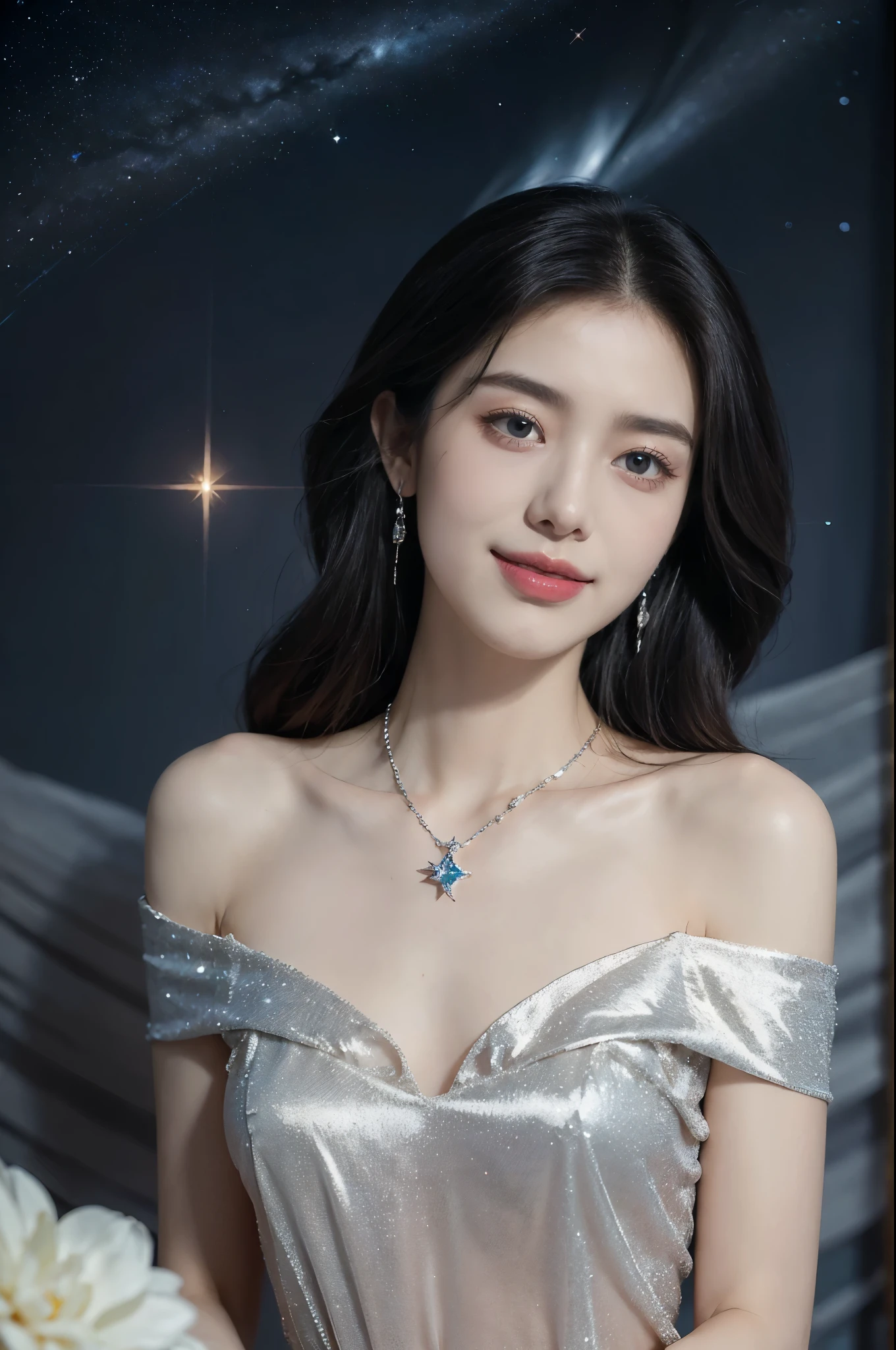(((best quality))),(((ultra detailed))),(((masterpiece))),illustration,((A beautiful female astrologer,solo)),((slim,thin)),((small breasts,flat chest)),((shoulder length straight bob hair)),(laughing:1.2),(earrings,necklace),(sparkled sheer shirt-dress:1.3),standing beneath a magical summer night, stars twinkling in the velvety darkness,starry sky, sapphire eyes filled with wonder, flowing ethereal gown mimicking the stars, silver pendant shaped like a horoscope,serene smile and captivating gaze, celestial beauty and mystery, solace and inspiration in the vast expanse of the universe,((from front,upper body))