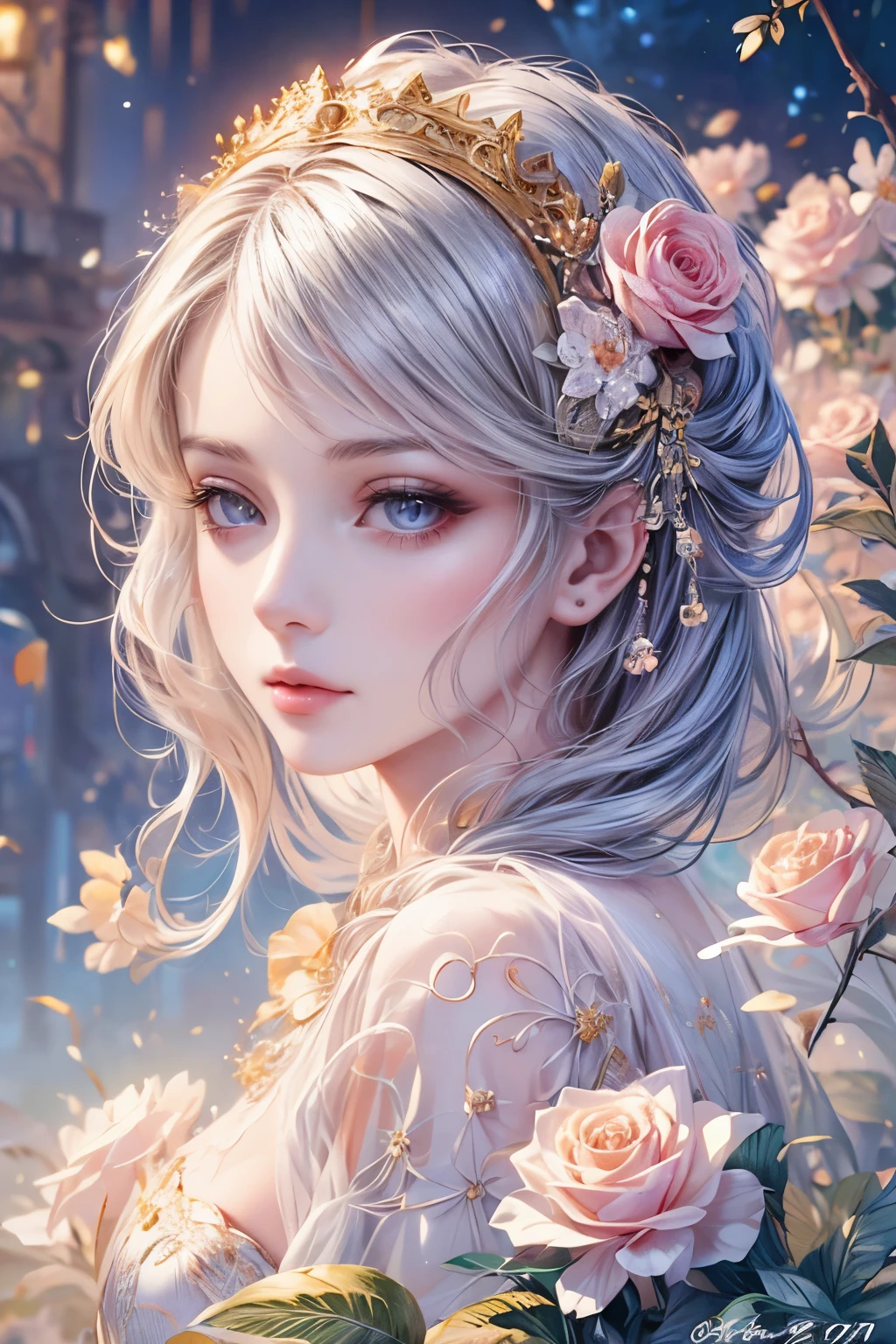 a beautiful detailed girl in a  palace garden, wearing a sheer ornate court dress, with intricate facial features, flowing long hair, almond-shaped eyes, delicate eye makeup, fluttering long eyelashes, batting her large eyes, against a starry night sky background, with refined lip details, in a soft, elegant style, (best quality,8k,cg,masterpiece:1.2),ultra-detailed,(realistic,photorealistic,photo-realistic:1.37),detailed eyes,detailed lips,extremely detailed face and eyes,long eyelashes,1girl,solo,portrait,fantasy,ornate,floral