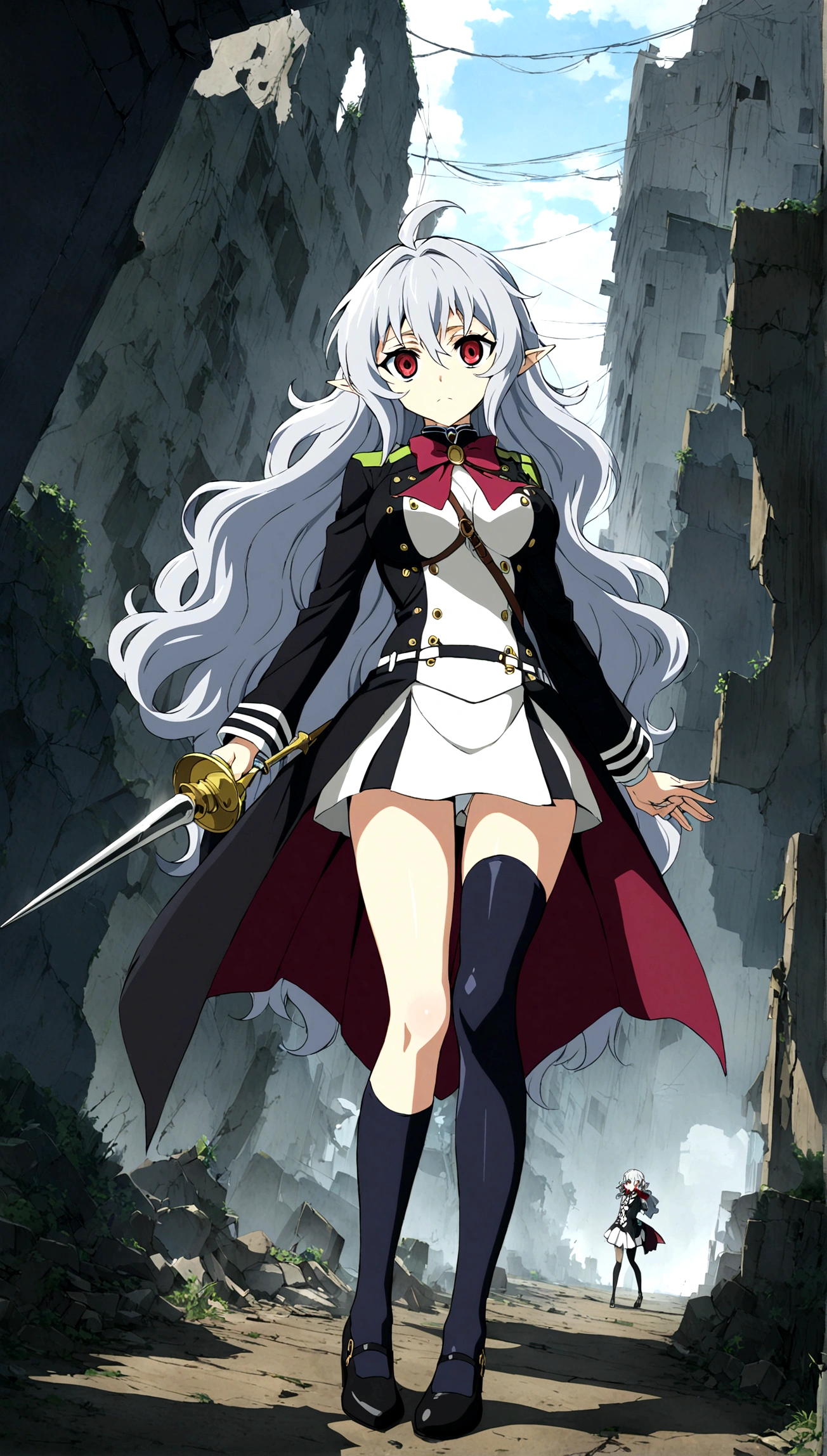 Anime. Owari no Seraph. 1 Girl. Dear . A vampire. Progenitor Clumsy. Silver hair. Wavy hair. Long hair. Red eyes. Beautiful eyes. Perfect eyes. Expressive eyes. Ideal face. Perfect body. Beautiful long ones. legs. Beautiful nose. 18 years. Big breasts. Standing. Full length Beautiful character design. Shiny skin. Cold. Runny nose. Nasal mucus. Snot. Wants to sneeze. She needs to sneeze. Strong, desperate desire to sneeze. She sneezes. She sneezes, covering her nose with her hands. Handkerchief. Blows his nose. Snot flows from the nose. Pointy ears. White dress. Vampire uniform dress from
Owari no Seraph. Black stockings. Heeled shoes. Rapier in right hand. Left hand with a handkerchief near the face. Ruins of Tokyo. Full body. NSF. Official art. Extremely detailed CG Unity 8k wallpaper. Ideal lighting. Ultra high resolution 4K. Super detailed 8K. A high resolution.