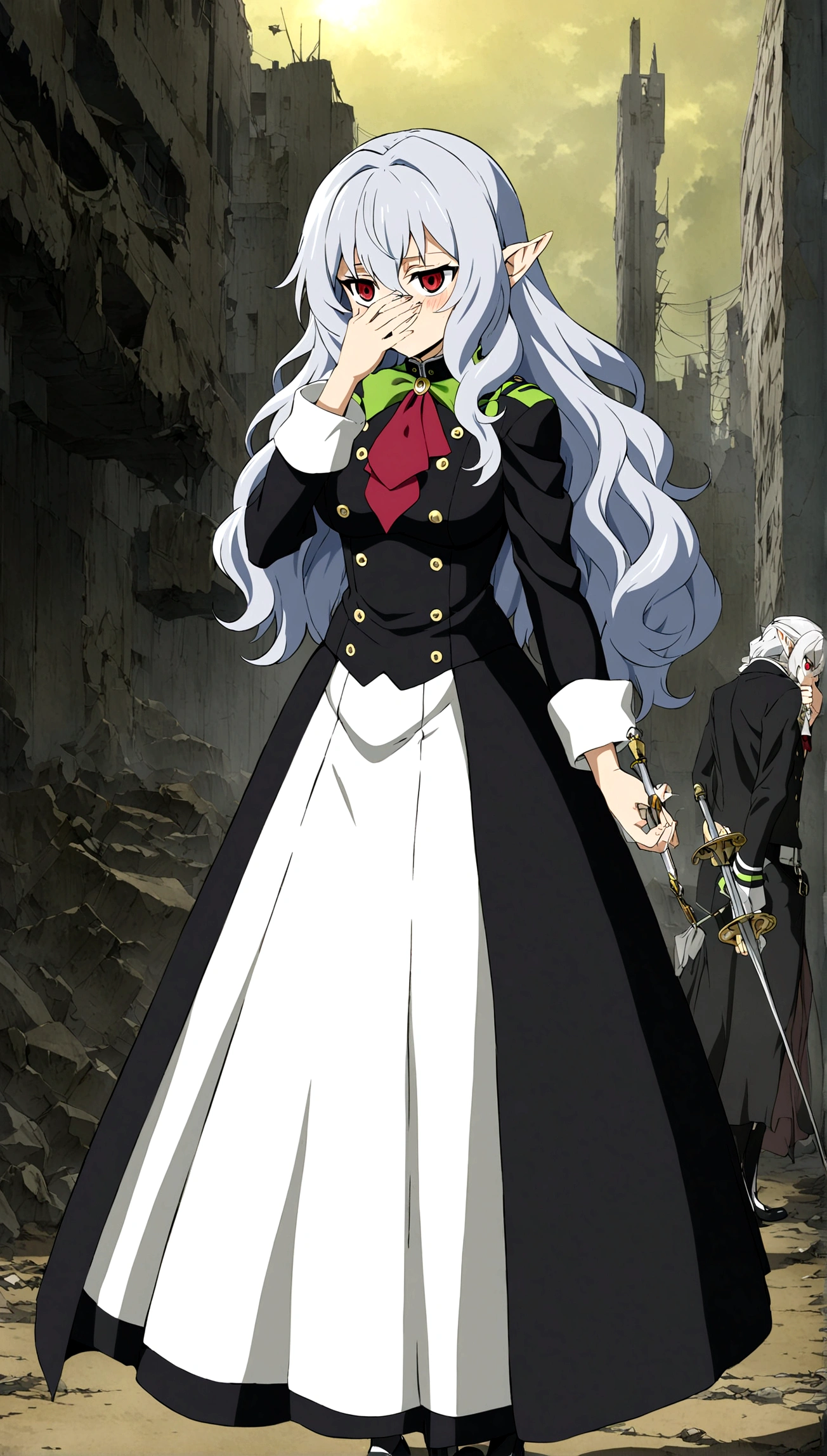 Anime. Owari no Seraph. 1 Girl. Dear . A vampire. Progenitor Clumsy. Silver hair. Wavy hair. Long hair. Red eyes. Beautiful eyes. Perfect eyes. Expressive eyes. Ideal face. Perfect body. Beautiful long ones. legs. Beautiful nose. 18 years. Big breasts. Standing. Full length Beautiful character design. Shiny skin. Cold. Runny nose. Nasal mucus. Snot. Wants to sneeze. She needs to sneeze. Strong, desperate desire to sneeze. She sneezes. She sneezes, covering her nose with her hands. Handkerchief. Blows his nose. Snot flows from the nose. Pointy ears. White dress. Vampire uniform dress from
Owari no Seraph. Black stockings. Heeled shoes. Rapier in right hand. Left hand with a handkerchief near the face. Ruins of Tokyo. Full body. NSF. Official art. Extremely detailed CG Unity 8k wallpaper. Ideal lighting. Ultra high resolution 4K. Super detailed 8K. A high resolution.