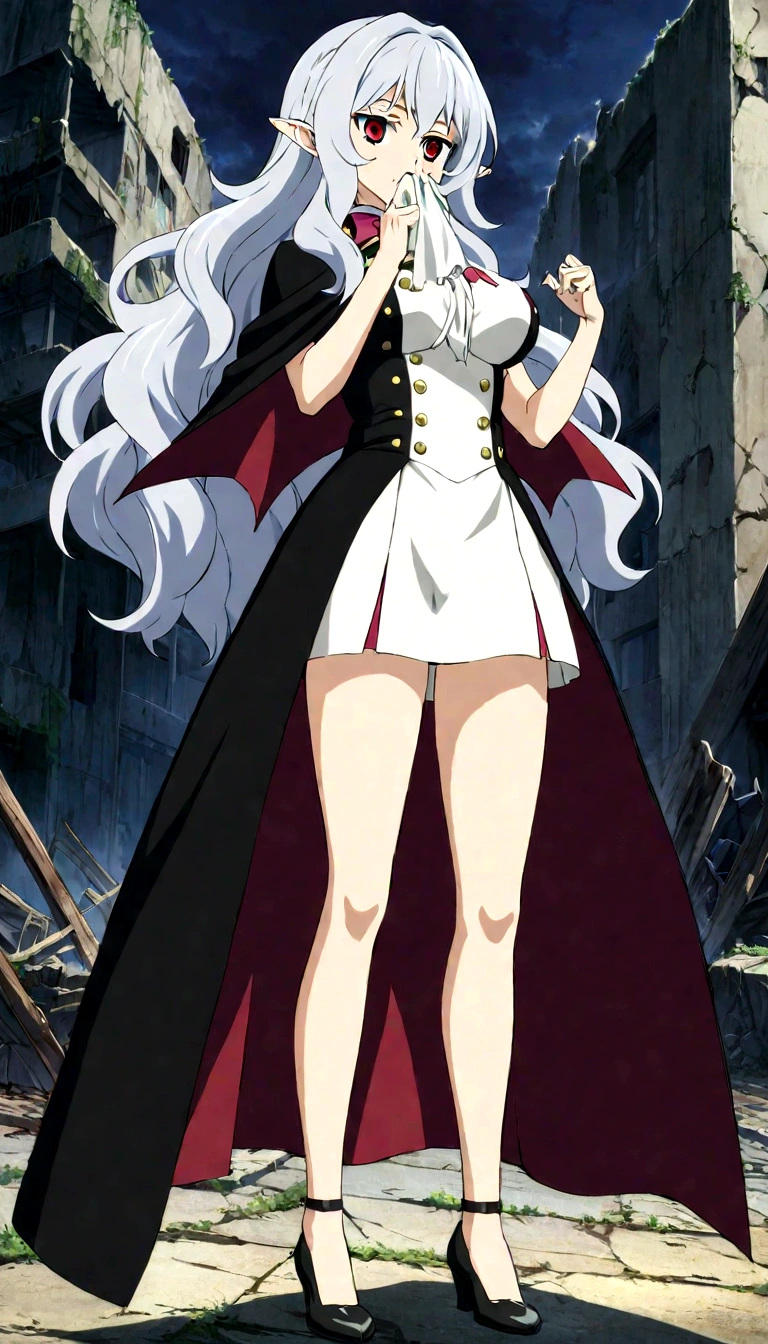 Anime. Owari no Seraph. 1 Girl. Dear . A vampire. Progenitor Clumsy. Silver hair. Wavy hair. Long hair. Red eyes. Beautiful eyes. Perfect eyes. Expressive eyes. Ideal face. Perfect body. Beautiful long ones. legs. Beautiful nose. 18 years. Big breasts. Standing. Full length Beautiful character design. Shiny skin. Cold. Runny nose. Nasal mucus. Snot. Wants to sneeze. She needs to sneeze. Strong, desperate desire to sneeze. She sneezes. She sneezes, covering her nose with her hands. Handkerchief. Blows his nose. Snot flows from the nose. Pointy ears. White dress. Vampire uniform dress from
Owari no Seraph. Black stockings. Heeled shoes. Rapier in right hand. Left hand with a handkerchief near the face. Ruins of Tokyo. Full body. NSF. Official art. Extremely detailed CG Unity 8k wallpaper. Ideal lighting. Ultra high resolution 4K. Super detailed 8K. A high resolution.