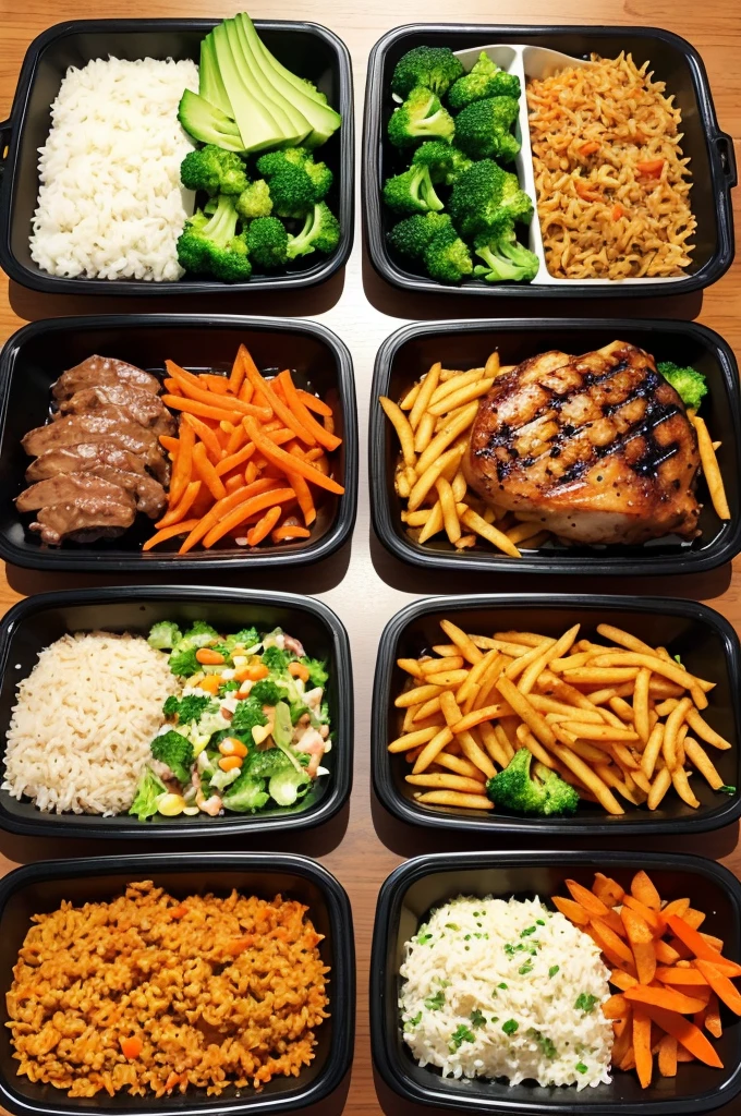 Create an image with the following menu: rice, bean,, grilled chicken, Acebolado meat bait, Carrot with broccoli, French fries and salad.