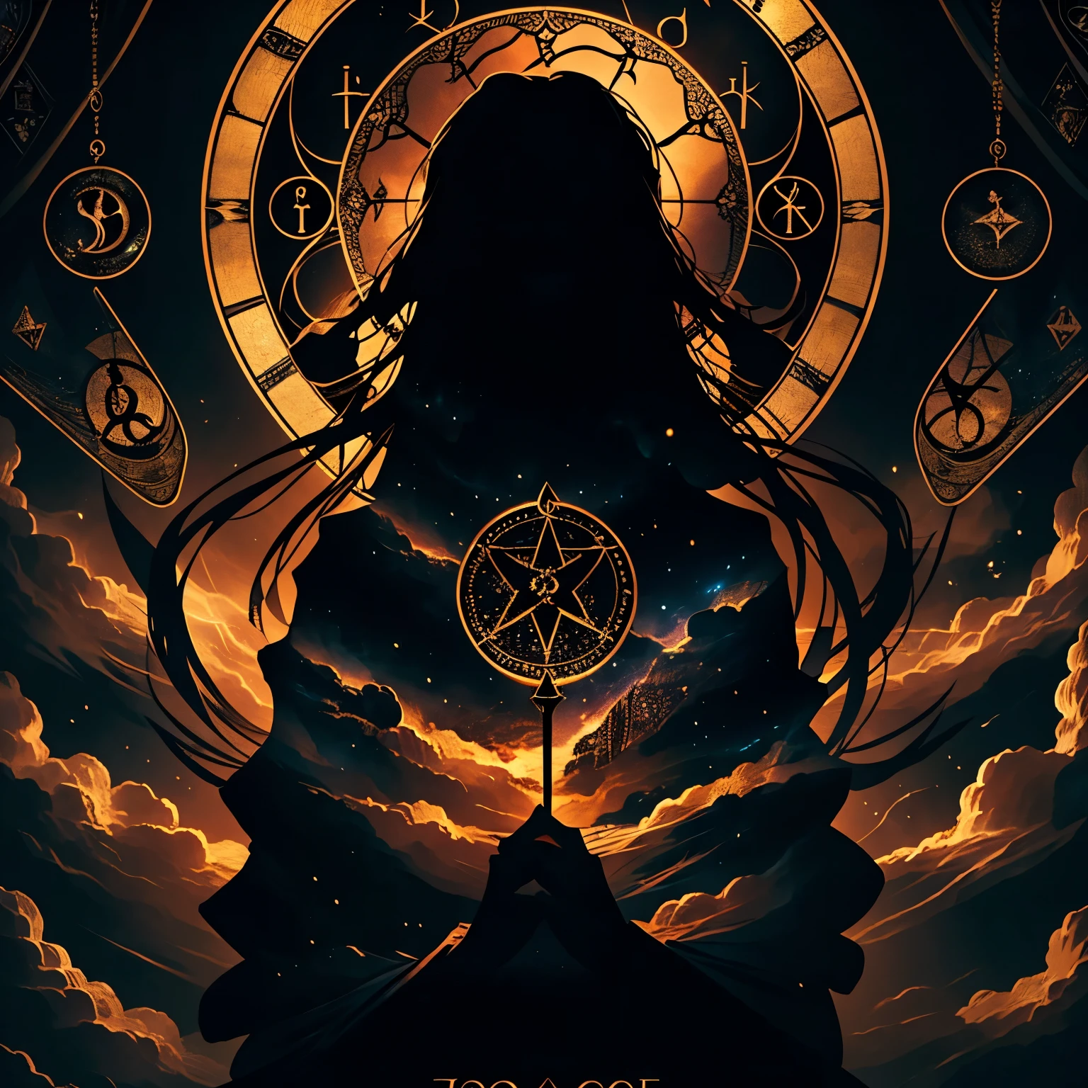 a woman reading tarot cards in a dimly lit occult shop, astrological horoscope symbols floating in the air, silhouette art, intricate details, dramatic lighting, moody atmosphere, deep tones, cinematic, photorealistic, award winning photograph,(anime style)