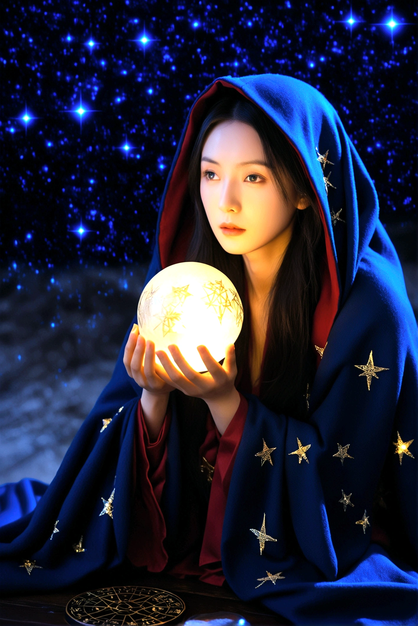 Astrologer, mystery, ancient, Starry sky background, Hold a crystal ball, Staring into the distance, The cloak flutters, night, Candlelight, ancient书籍, Star motif, Magic Runes, mystery氛围, Detailed description, High quality details, Artistic effects