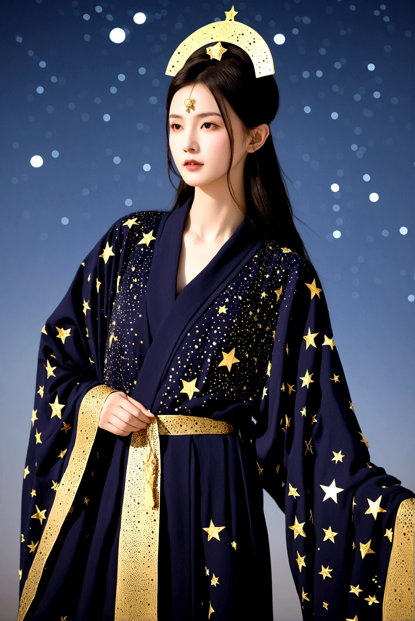 Dark ancient robe，Dotted with golden stars，Sophisticated attire，Long hair，female，Astrologer，1.85 meters