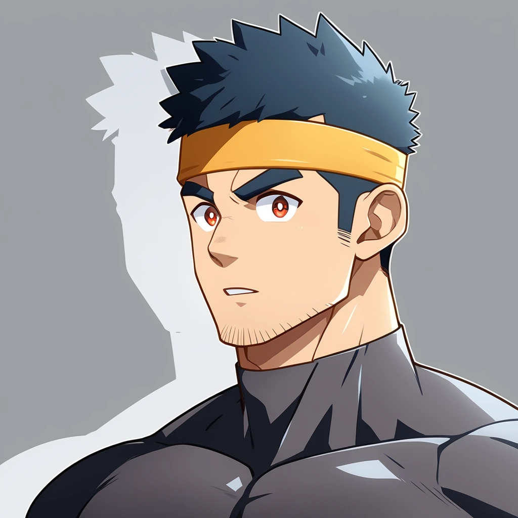 anime characters:Gyee, Muscle Sports Student, Manliness, sports headband, male focus, Cute boy with big eyes, Brown high collar long sleeve tight T-shirt, Slightly transparent material, Very tight, Round, full and perky chest muscles, Slightly transparent, muscular male, muscular, only, Upper body, alone, Black short hair, Thick eyebrows, stubble, Cute little eyes, Brown-red pupils, Grey background, simple background, amazing quality, best aesthetics, Ridiculous, crew cut, parted lips, v-shaped eyebrows, jitome, drop shadow, best quality