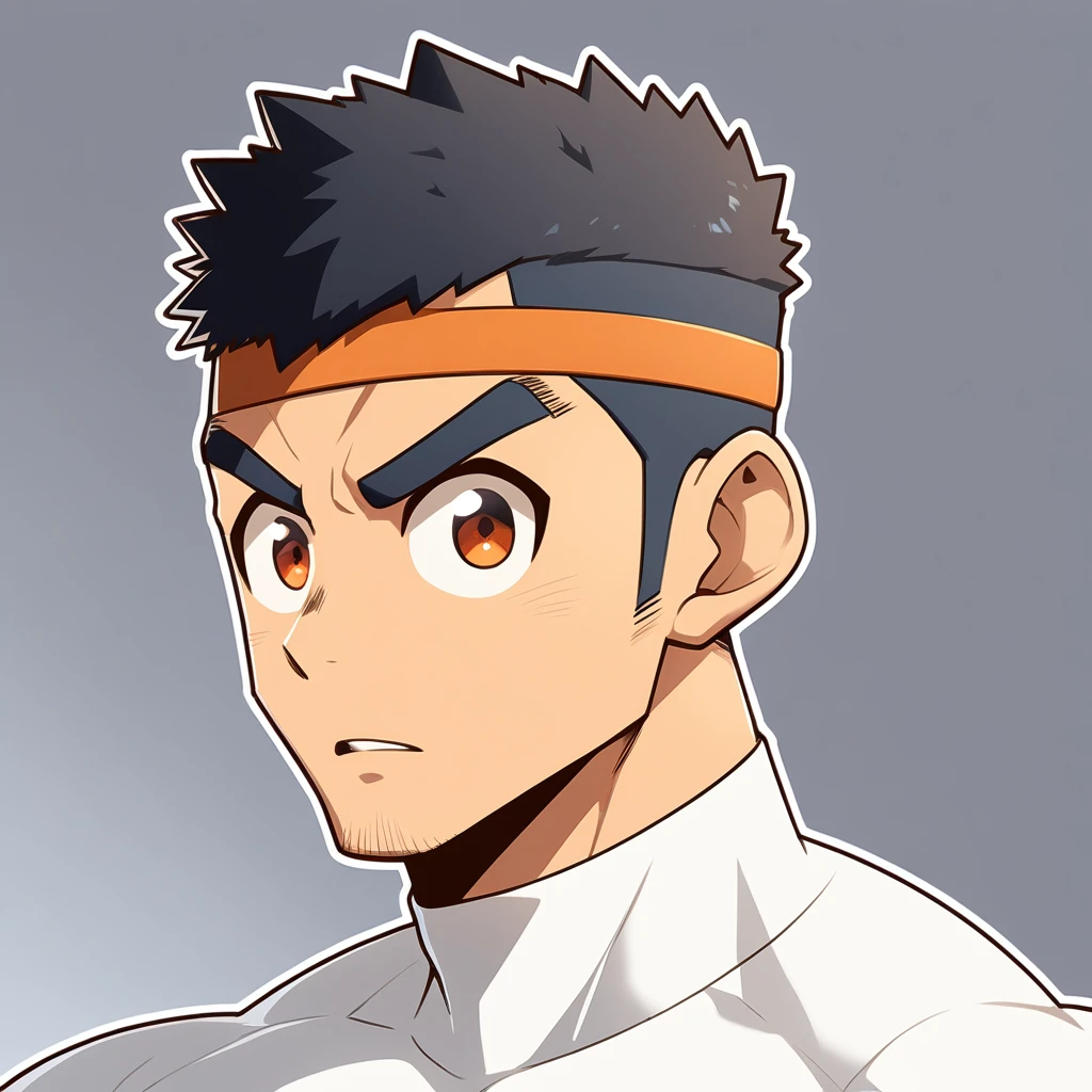 anime characters：Gyee, Muscle Sports Student, Manliness, sports headband, male focus, Cute boy with big eyes, Brown high collar long sleeve tight T-shirt, Slightly transparent material, Very tight, Round, full and perky chest muscles, Slightly transparent, muscular male, muscular, only, Upper body, alone, Black short hair, Thick eyebrows, stubble, Cute little eyes, Brown-red pupils, Grey background, simple background, amazing quality, best aesthetics, Ridiculous, crew cut, parted lips, v-shaped eyebrows, jitome, drop shadow, best quality