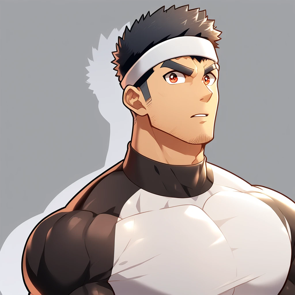 anime characters:Gyee, Muscle Sports Student, Manliness, sports headband, male focus, Cute boy with big eyes, Brown high collar long sleeve tight T-shirt, Slightly transparent material, Very tight, Round, full and perky chest muscles, Slightly transparent, muscular male, muscular, only, Upper body, alone, Black short hair, Thick eyebrows, stubble, Cute little eyes, Brown-red pupils, Grey background, simple background, amazing quality, best aesthetics, Ridiculous, crew cut, parted lips, v-shaped eyebrows, jitome, drop shadow, best quality