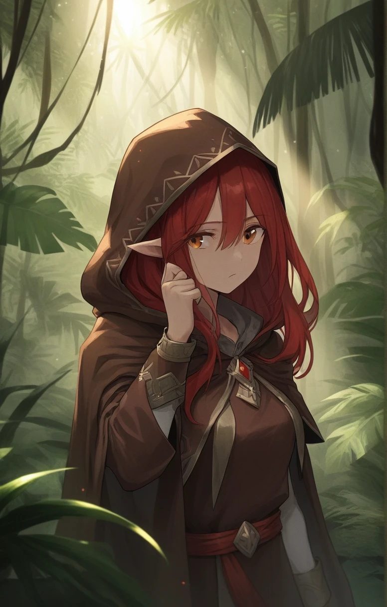 half elf, woman, dnd, adventurer, brown cloak, elegant, long red hair, flat chest, hood on, hidden face, jungle , sun light