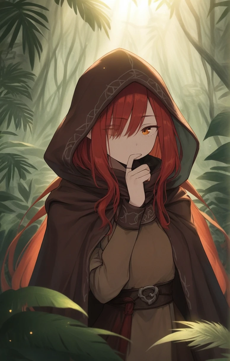 half elf, woman, dnd, adventurer, brown cloak, elegant, long red hair, flat chest, hood on, hidden face, jungle , sun light