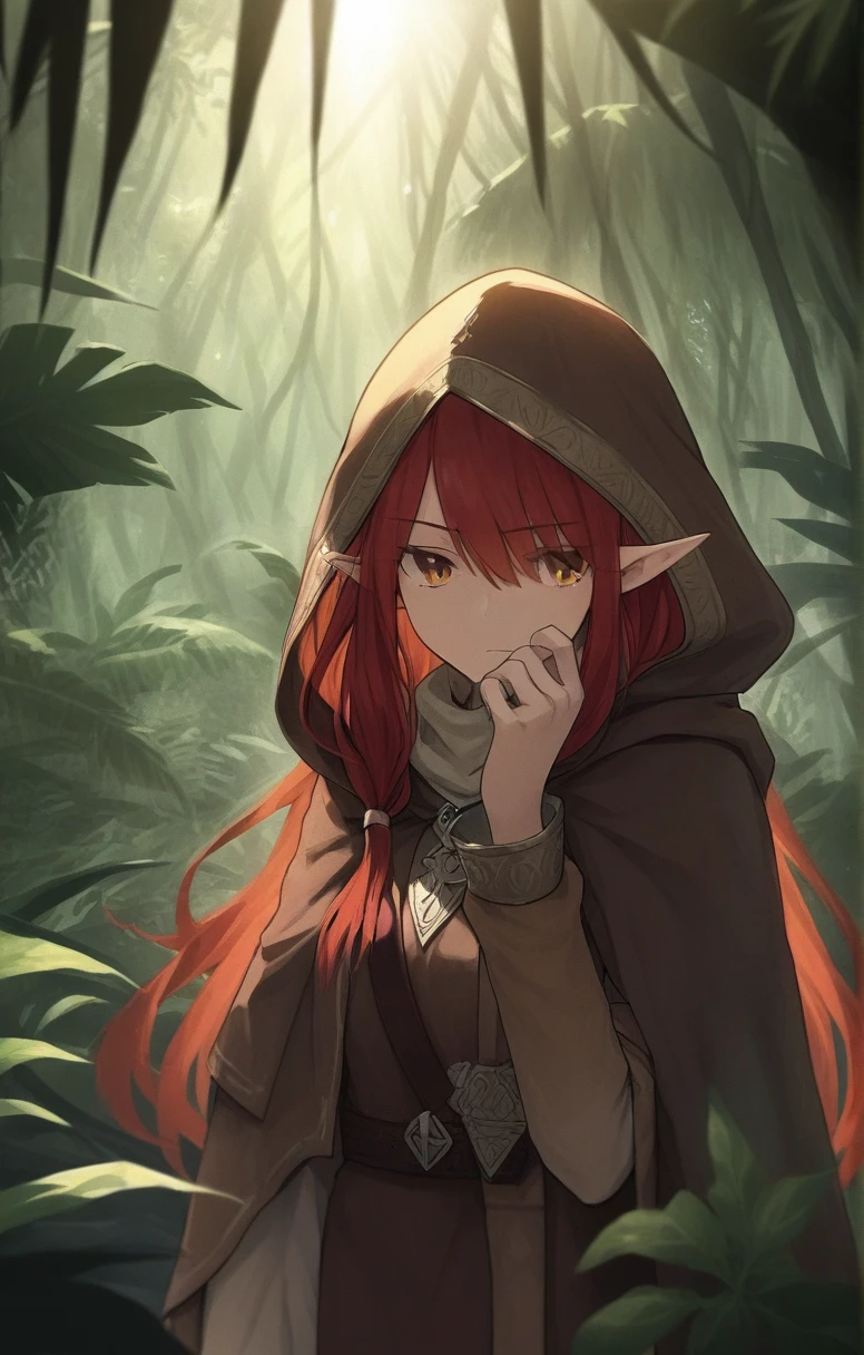 half elf, woman, dnd, adventurer, brown cloak, elegant, long red hair, flat chest, hood on, hidden face, jungle , sun light