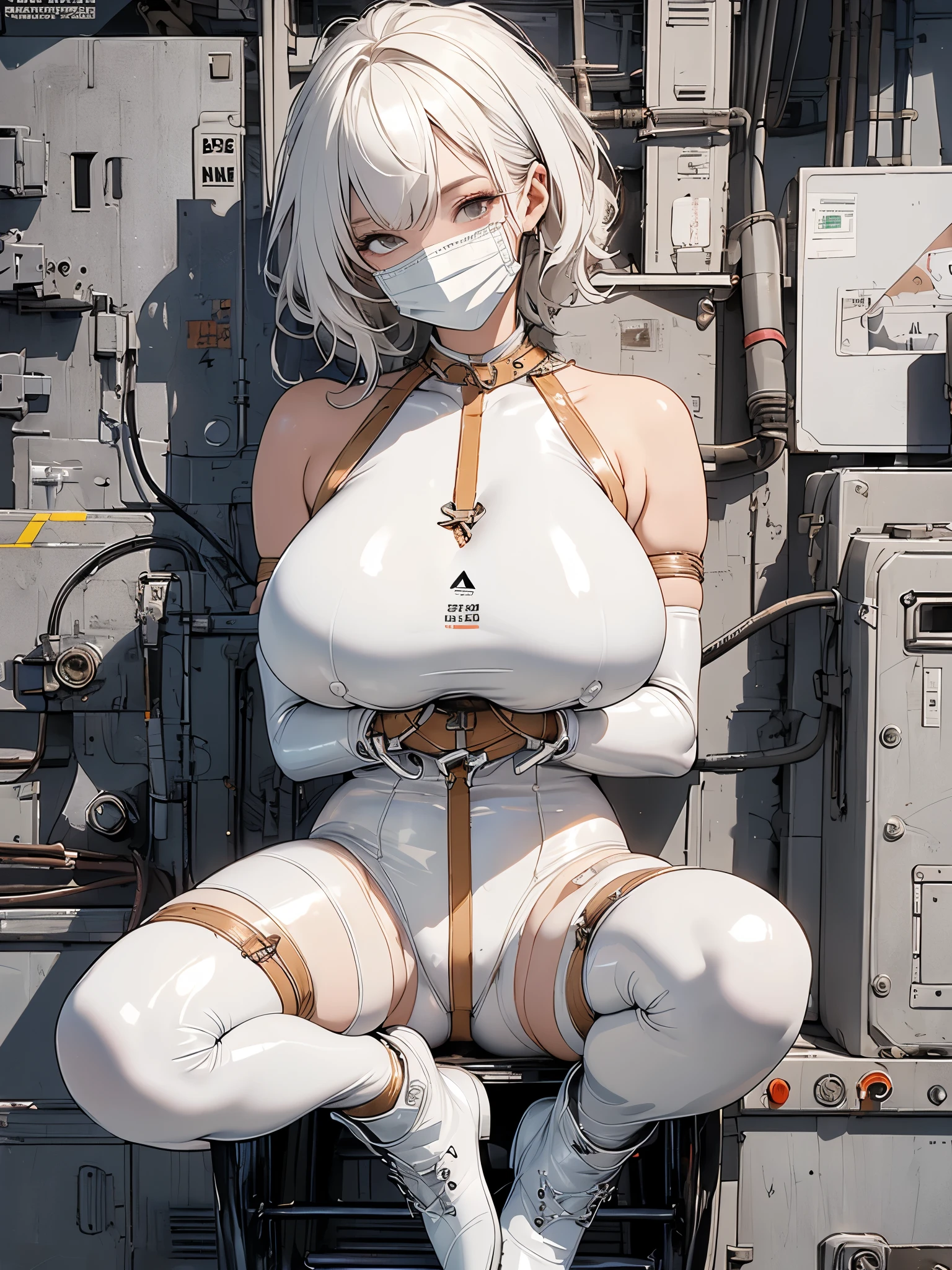 (masterpiece, Highest quality, 32K Wallpapers, Very detailed,portfolio), One girl:1.2, More Angles、highlight、Detailed face、Very talented、((Tight white latex suit:1.4)), ((White latex gloves、White latex boots:1.4)),((White Mask:1.4)),(The most complex machine), (Overall colorful), ((Huge breasts:1.8)),Latex covering the whole body:1.4、Nipples、pussy,  nsfw,(((latex bondage suits)))