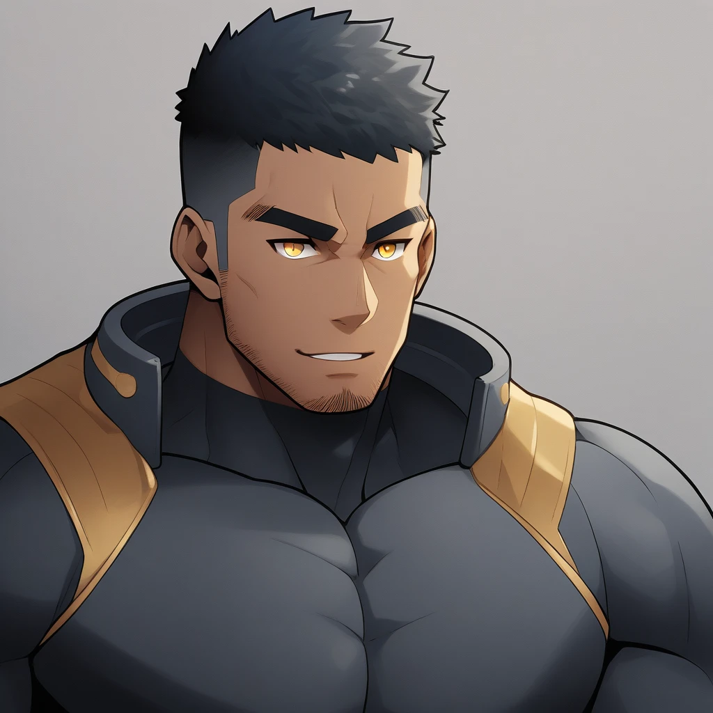 anime characters:Gyee, Muscle Sports Student, negro black skin, 1 dark skin muscular tough guy, Manliness, male focus, Dark grey high collar long sleeve wetsuit, Matte texture, Very tight, Round, full and perky chest muscles, Slightly transparent, muscular male, muscular, only, Upper body, alone, Black short hair, Thick eyebrows, stubble, Yellow eyes, Grey background, simple background, amazing quality, best aesthetics, Ridiculous, bright pupils, crew cut, parted lips, seductive smile, torogao, naughty face, best quality