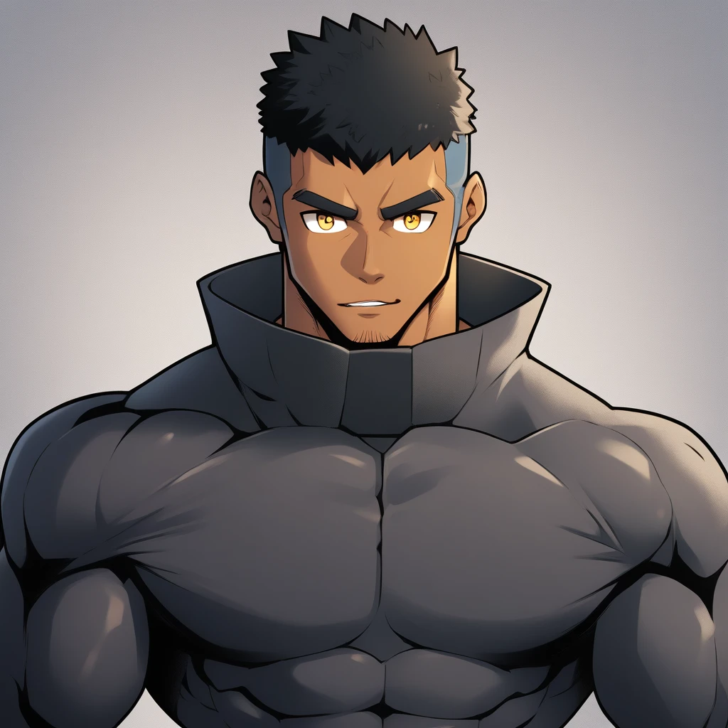 anime characters：Gyee, Muscle Sports Student, negro black skin, 1 dark skin muscular tough guy, Manliness, male focus, Dark grey high collar long sleeve wetsuit, Matte texture, Very tight, Round, full and perky chest muscles, Slightly transparent, muscular male, muscular, only, Upper body, alone, Black short hair, Thick eyebrows, stubble, Yellow eyes, Grey background, simple background, amazing quality, best aesthetics, Ridiculous, bright pupils, crew cut, parted lips, seductive smile, torogao, naughty face,  best quality