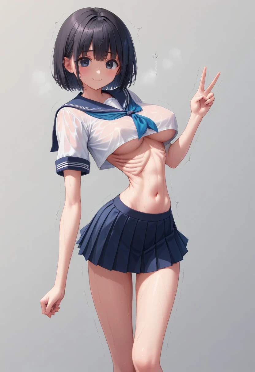 (masterpiece, best quality:1.2), front shot, beautiful 1girl, (super big breasts, micro waist, very long legs:1.4), Black hair, short bob hair, short height, scrawny and thin body, (retraction of abdomen:2), Light Skin, cute big eyes, cute beautiful thin face, forced smile, Modest, serafuku, mini skirt, pigeon-toed, V sign, Long and thin navel, (beautiful visible ribs:1.2), (Arched back, wet and sweaty, Trembling)