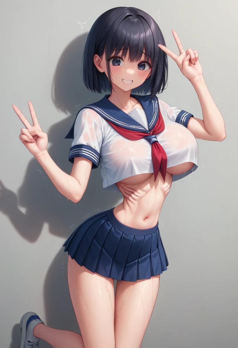 (masterpiece, best quality:1.2), front shot, beautiful 1girl, (super big breasts, micro waist, very long legs:1.4), Black hair, short bob hair, short height, scrawny and thin body, (retraction of abdomen:2), Light Skin, cute big eyes, cute beautiful thin face, forced smile, Modest, serafuku, mini skirt, pigeon-toed, V sign, Long and thin navel, (beautiful visible ribs:1.2), (Arched back, wet and sweaty, Trembling)