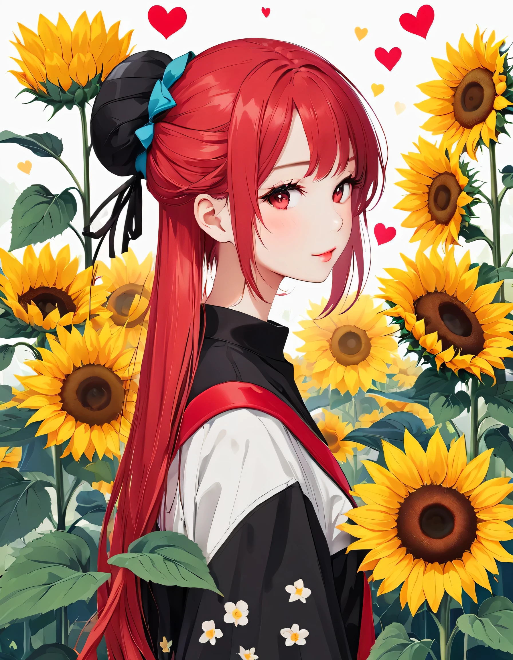 Black Star Red and White style, Simple Line Initialism，Abstract art，Kawaii Design, The most beautiful girl of all time、The background is sunflowers, colorful hearts, colorful flowers, Cute Aliens