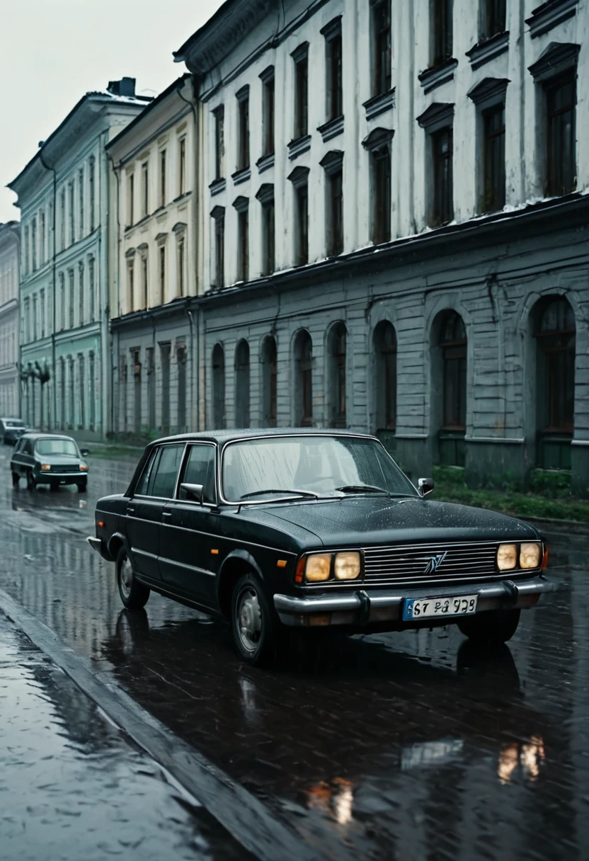 Black car from the 90s, driving against the background of old Soviet buildings, rain, rainy weather, rain, cinematic scene, cloudy weather