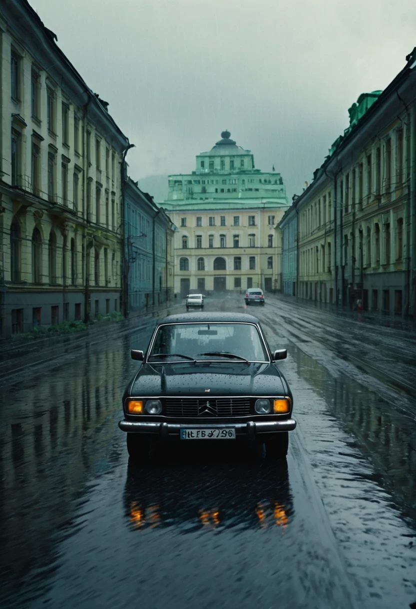 Black car from the 90s, driving against the background of old Soviet buildings, rain, rainy weather, rain, cinematic scene, cloudy weather