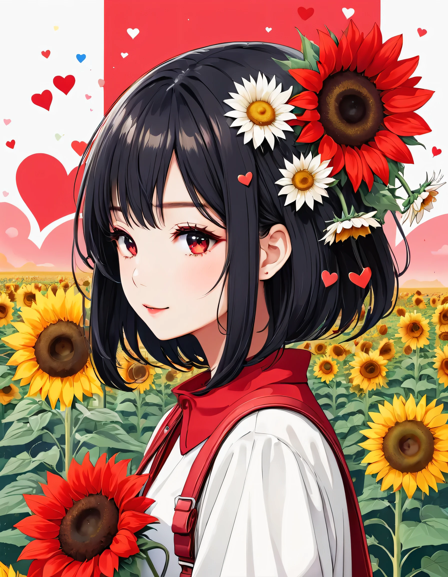 Black Star Red and White style, Simple Line Initialism，Abstract art，Kawaii Design, The most beautiful girl of all time、The background is sunflowers, colorful hearts, colorful flowers, Cute Aliens