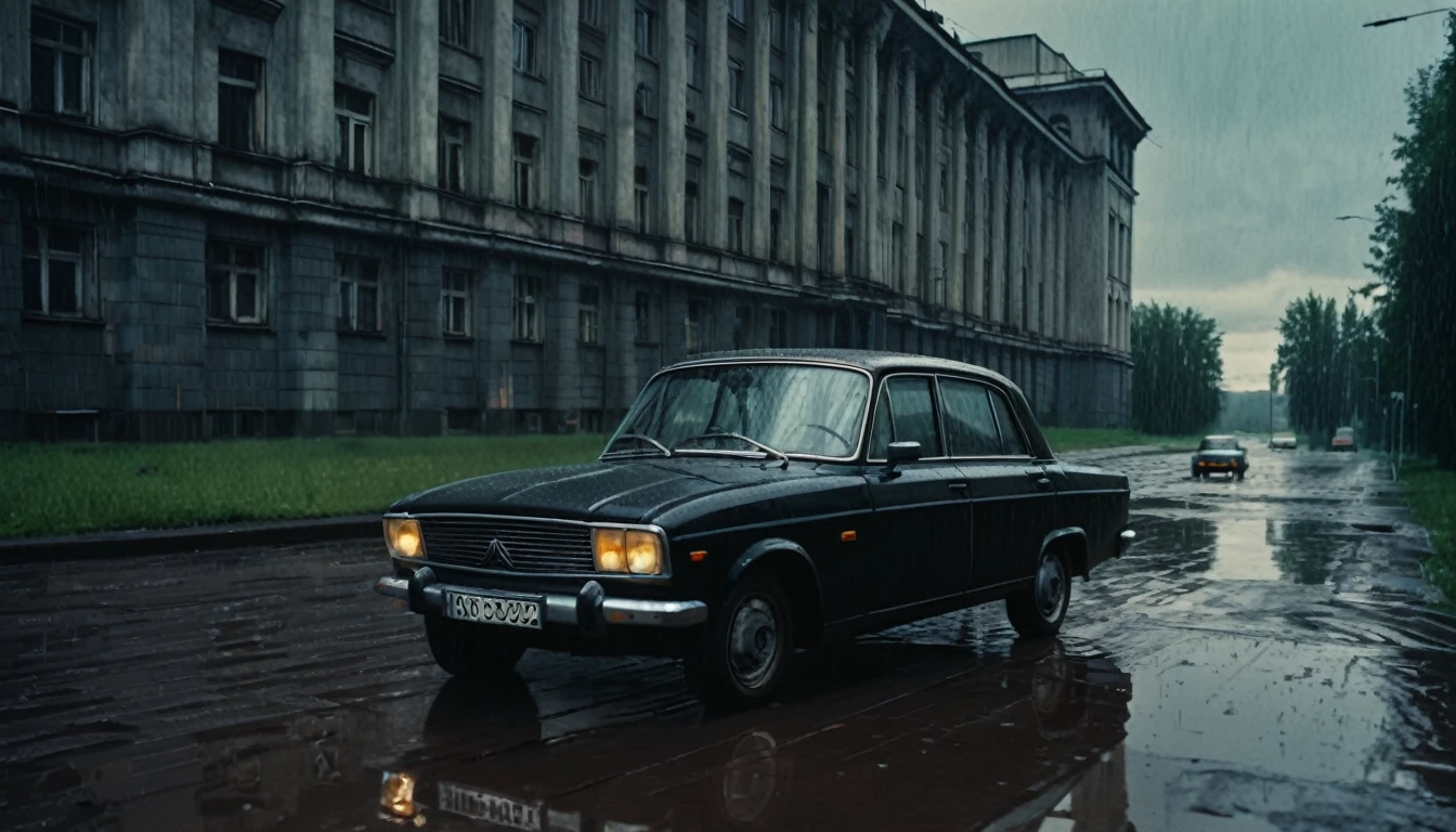 photorealistic 1980s retro soviet architecture, old soviet buildings, rain, rainy weather, cinematic scene, moody cloudy sky, dark tones, dramatic lighting, 1990s black car driving through puddles, detailed vehicle, environmental reflections, atmospheric perspective, ultra realistic