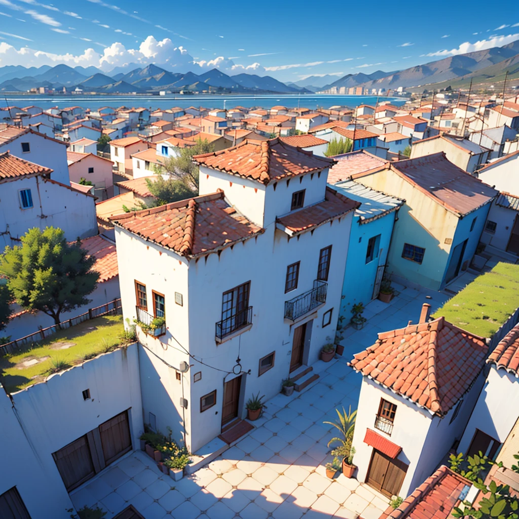 The scene takes place in Nador, Morocco.. In the foreground we can see traditional type houses and in the background mountain fields and an azure blue sky