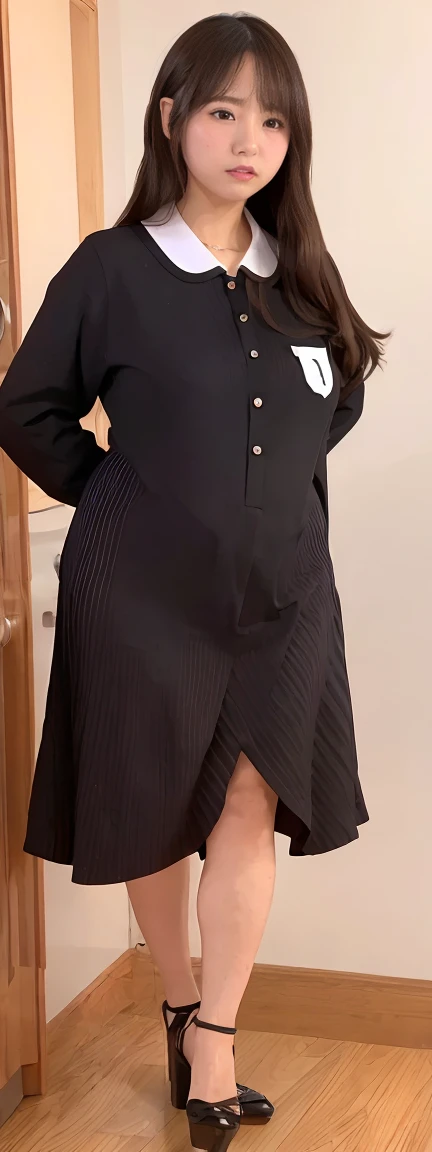 Japanese maid, Mature Woman, ((A little chubby, Round face, About 40)), Wavy black hair with no bangs, Long Hair, Twin ponytail, Flashy makeup, Fuller lips, Sexy Gaze, uniform, ((dressing)), Looking into the camera, Low angle shooting, Cute duck mouth,((Extremely precise and accurate anatomy)), (masterpiece:1.43), Perfect proportions, Realistic photos, Full Shot, whole body, (height: 148cm), High heels Has two legs,Has two arms、Has two legs, You need two arms))