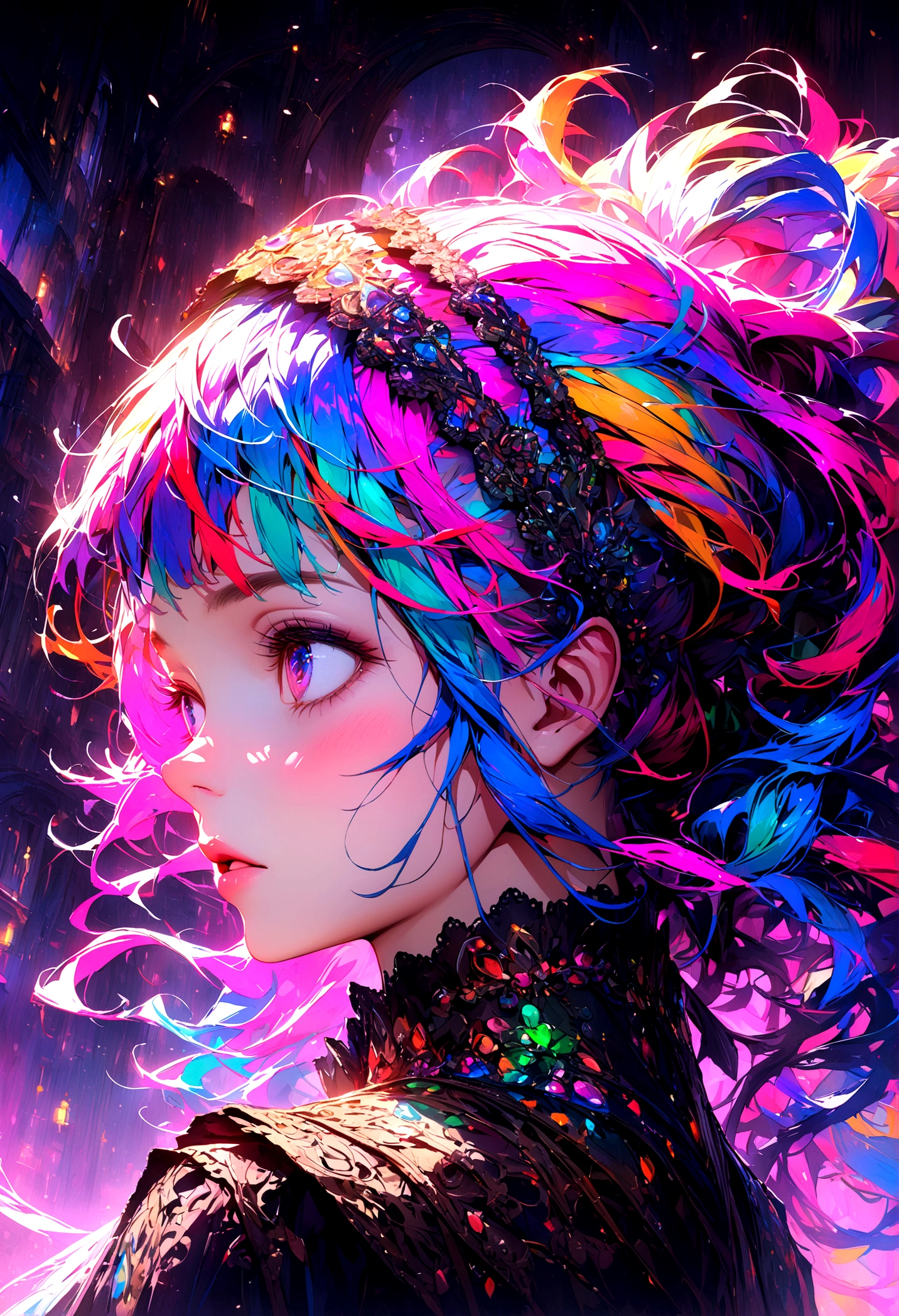 Colorful hair, Headband, Surrealism, Movie Lighting, close up, Ultra HD, High Detail, masterpiece