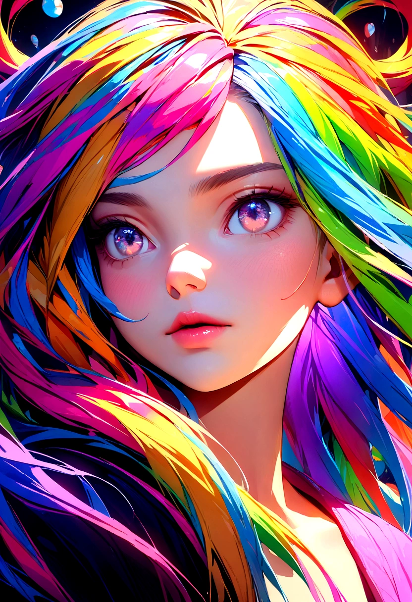 Colorful hair, Headband, Surrealism, Movie Lighting, close up, Ultra HD, High Detail, masterpiece
