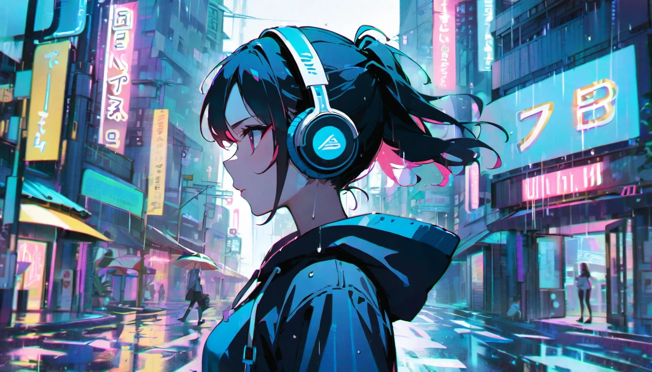 masterpiece,One Girl,alone,Unbelievably absurd,hoodie,Headphones, street,Outdoor,rain,Neon Light,Swimwear,profile,