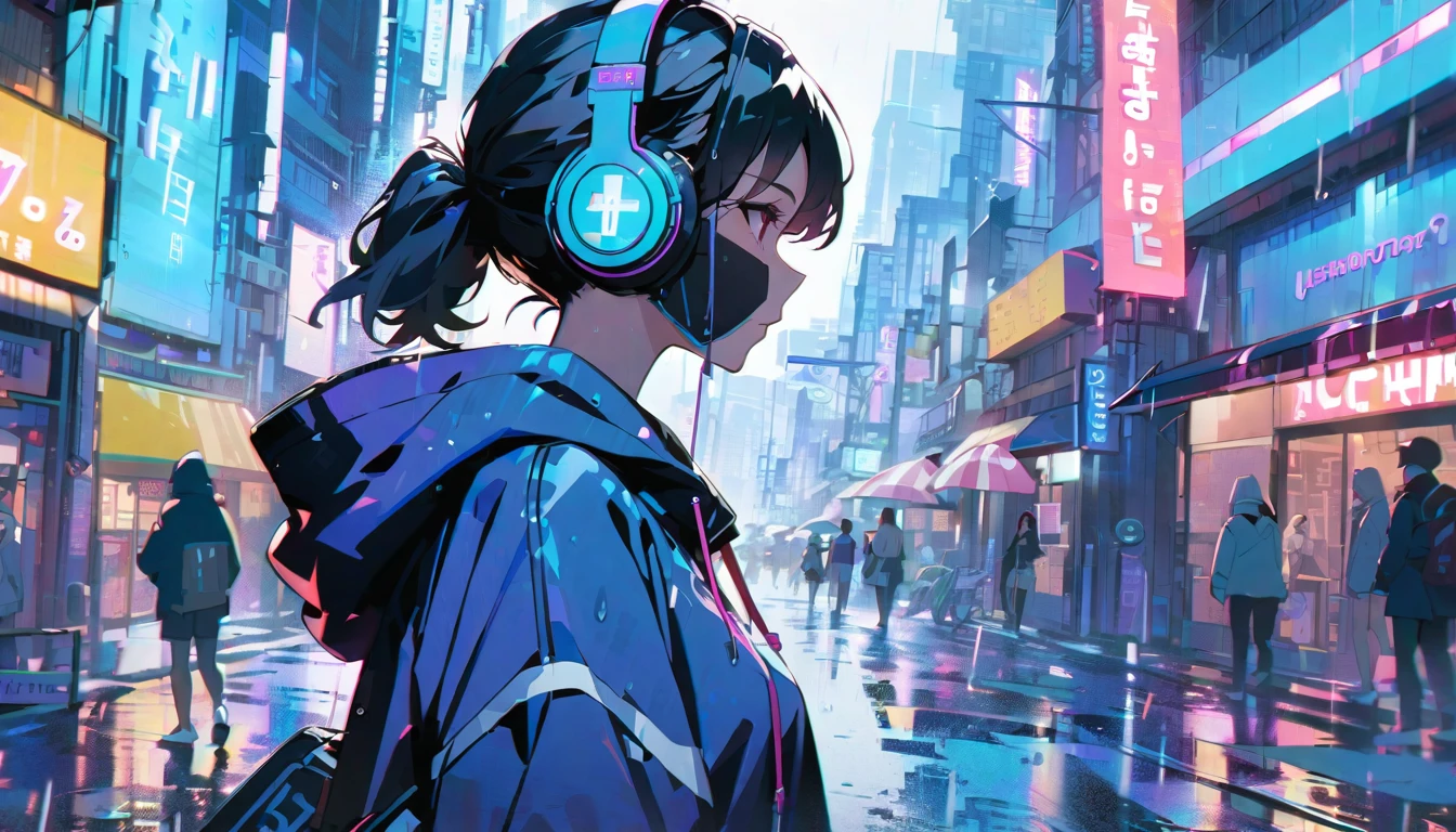 masterpiece,One Girl,alone,Unbelievably absurd,hoodie,Headphones, street,Outdoor,rain,Neon Light,Swimwear,profile,