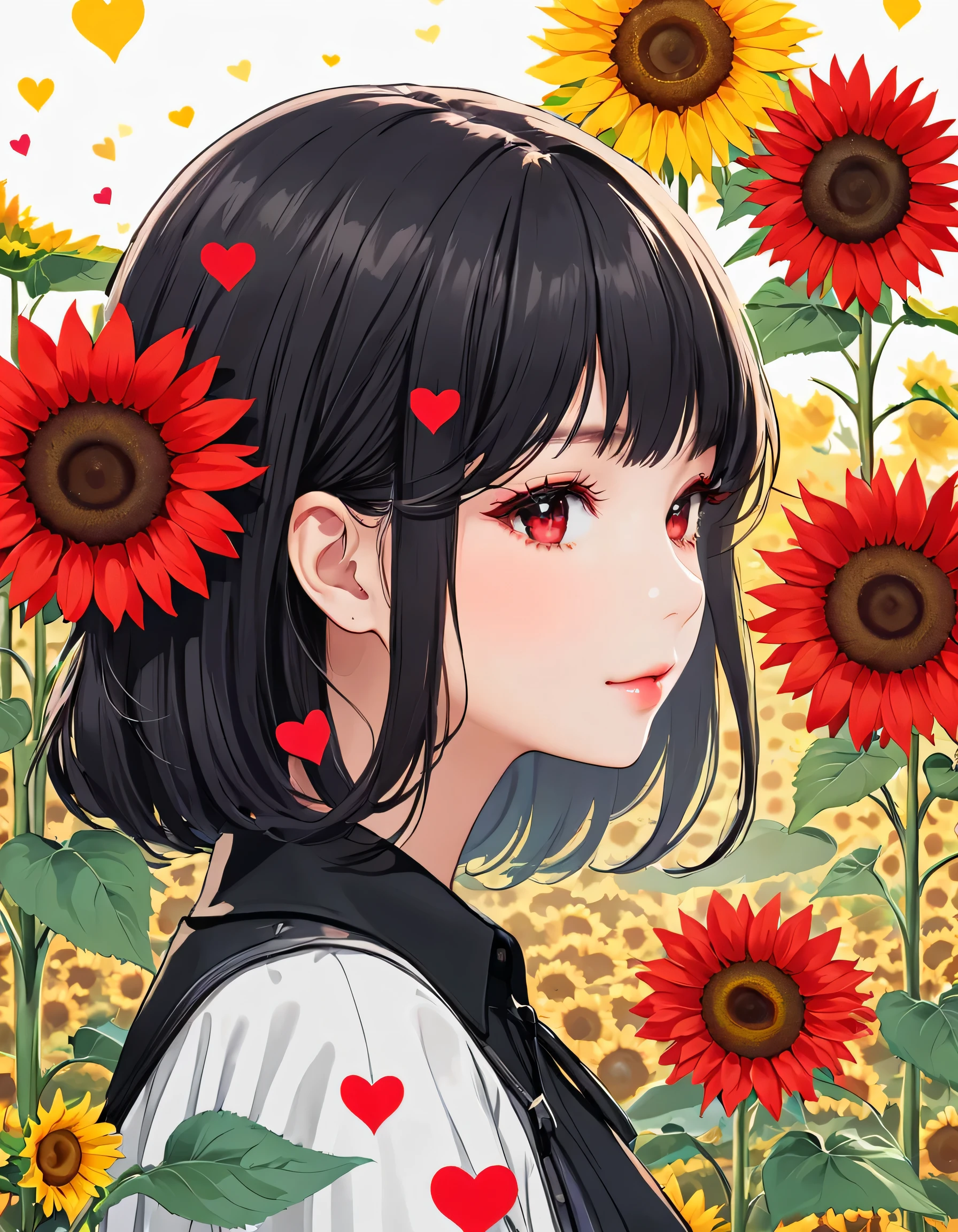 Black Star Red and White style, Simple Line Initialism,Abstract art,Kawaii Design, The most beautiful girl of all time、The background is sunflowers, colorful hearts, colorful flowers, Cute Aliens